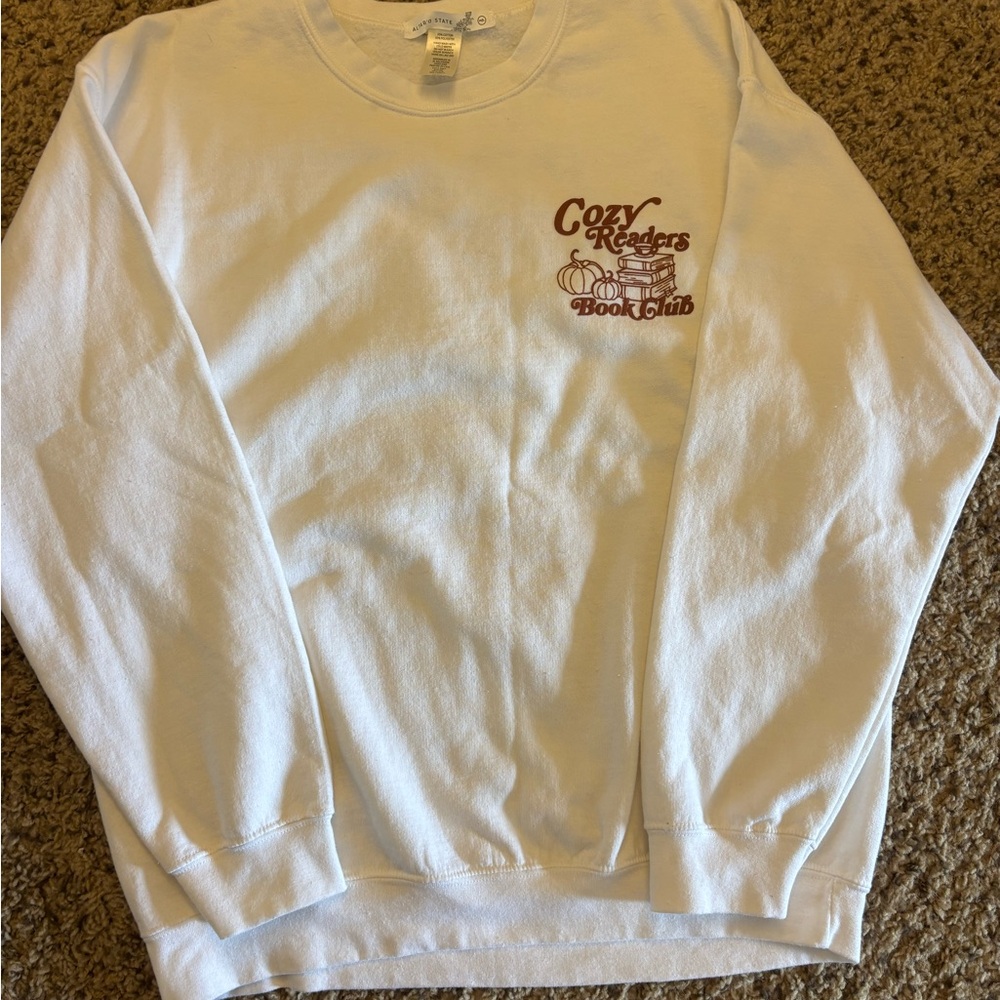 Altar'd State White Crewneck Sweatshirt with Rust Book Club Graphic